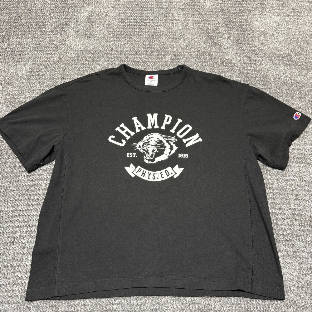 Champion Mens‎ T Shirt M Black Graphic Print Phys Ed Tiger Short Sleeve Athletic